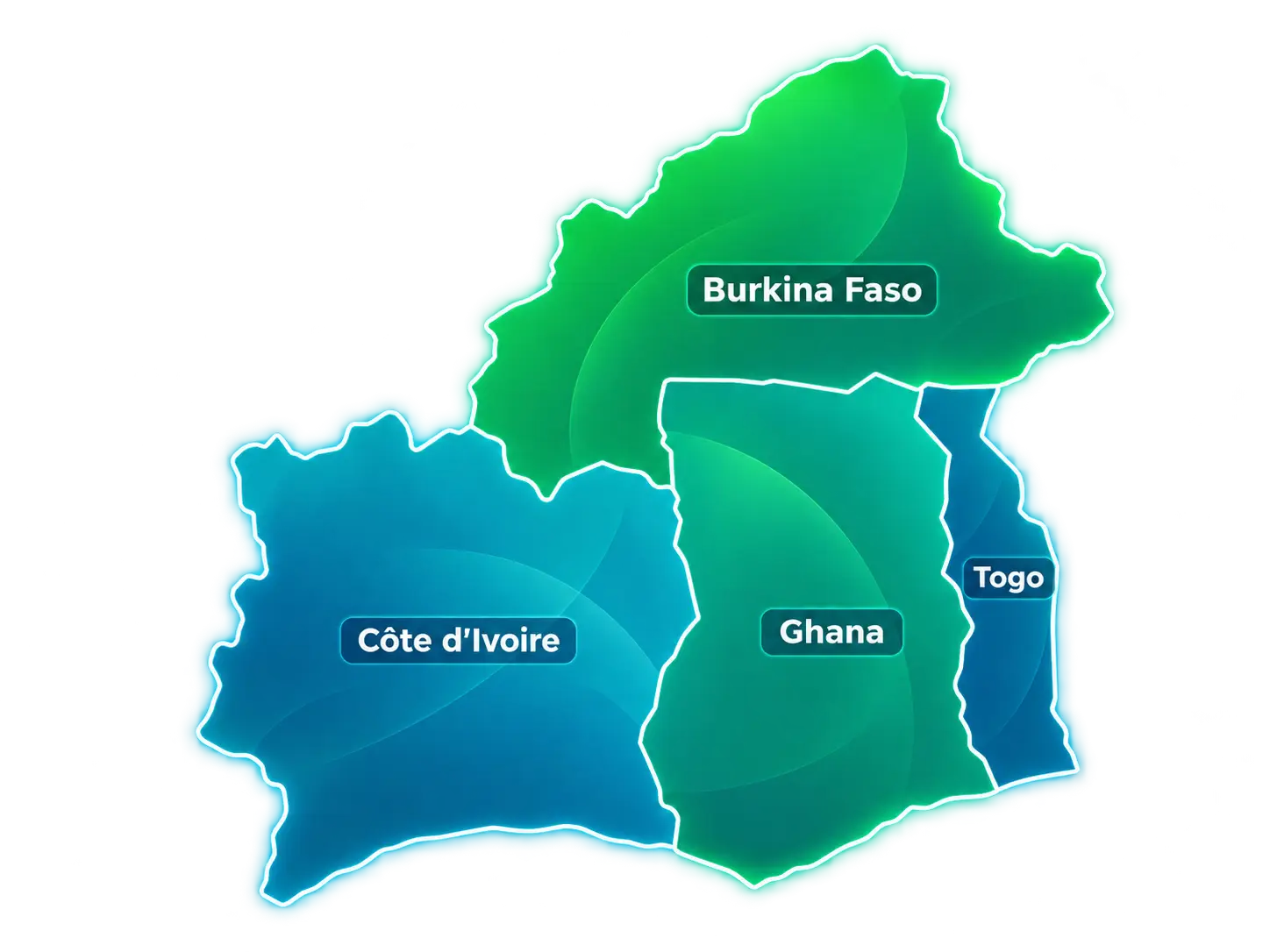 Illustrative diagram of Parin Africa sourcing markets: Ghana, Burkina Faso, Togo and Côte d’Ivoire